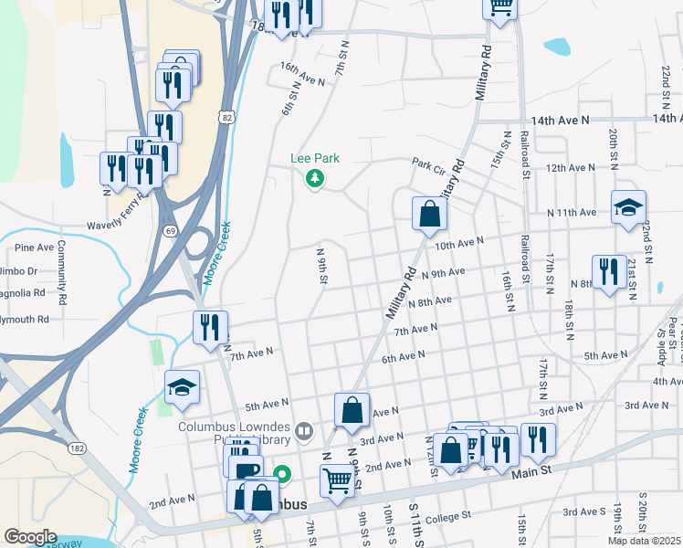 map of restaurants, bars, coffee shops, grocery stores, and more near 812 10th Street North in Columbus