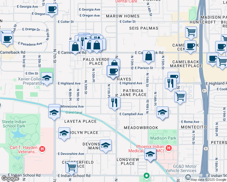 map of restaurants, bars, coffee shops, grocery stores, and more near 4601 North 12th Street in Phoenix