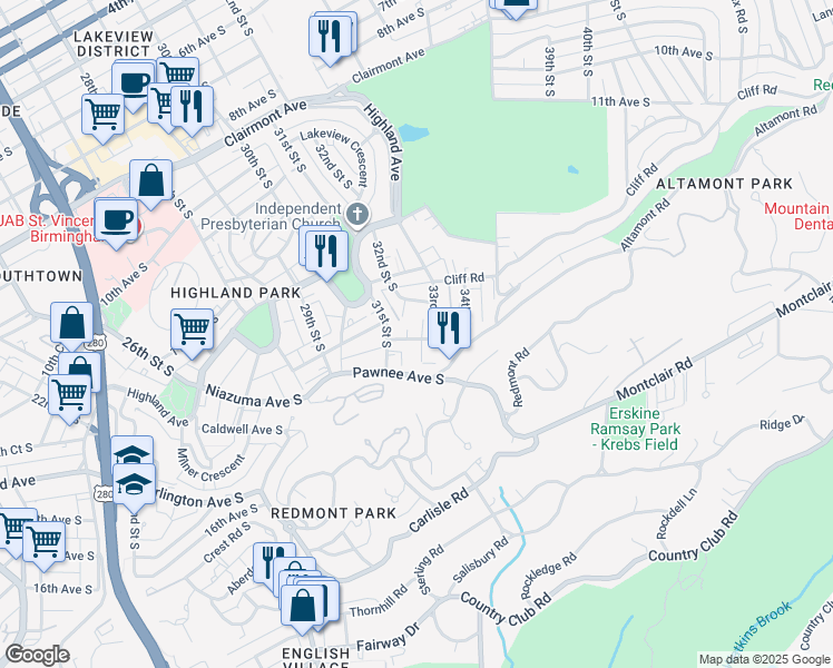 map of restaurants, bars, coffee shops, grocery stores, and more near 1327 31st Street South in Birmingham