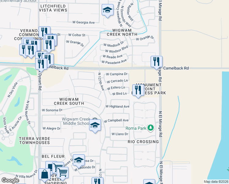 map of restaurants, bars, coffee shops, grocery stores, and more near 12601 West Vista Paseo Drive in Litchfield Park