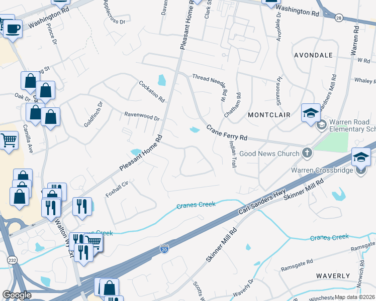 map of restaurants, bars, coffee shops, grocery stores, and more near 408 Shallowford Circle in Augusta