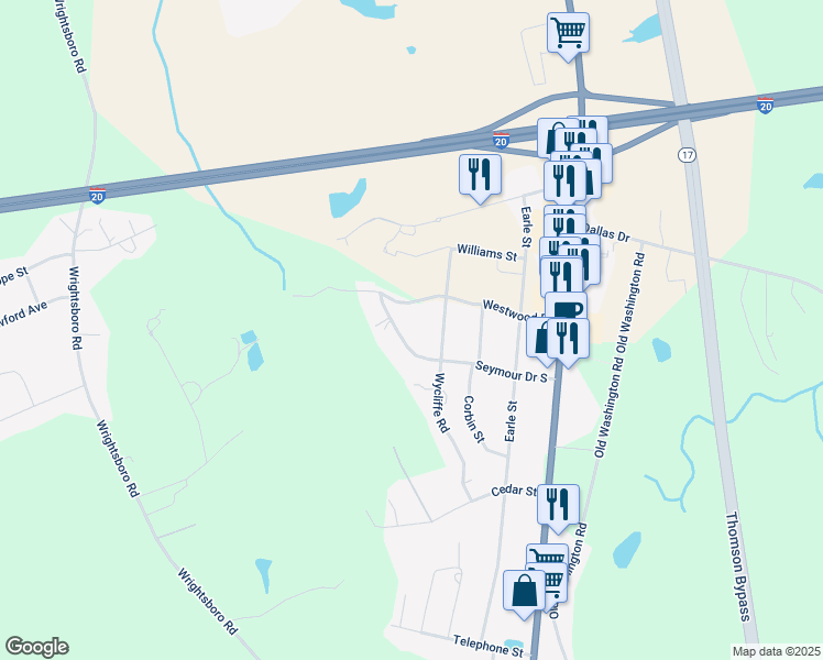 map of restaurants, bars, coffee shops, grocery stores, and more near 286 Westwood Drive in Thomson