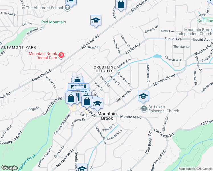 map of restaurants, bars, coffee shops, grocery stores, and more near 346 Cherry Street in Mountain Brook