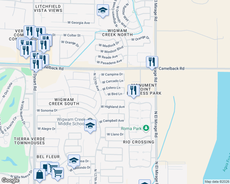 map of restaurants, bars, coffee shops, grocery stores, and more near 12534 West Bird Lane in Litchfield Park