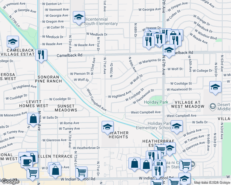 map of restaurants, bars, coffee shops, grocery stores, and more near 7019 West Pierson Street in Phoenix