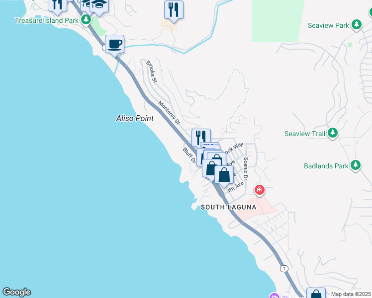 map of restaurants, bars, coffee shops, grocery stores, and more near in Laguna Beach