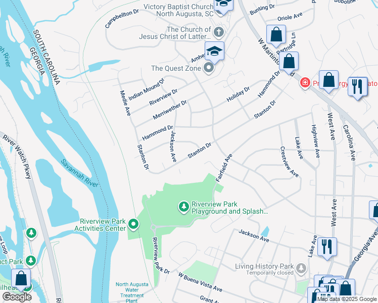 map of restaurants, bars, coffee shops, grocery stores, and more near 810 Stanton Drive in North Augusta