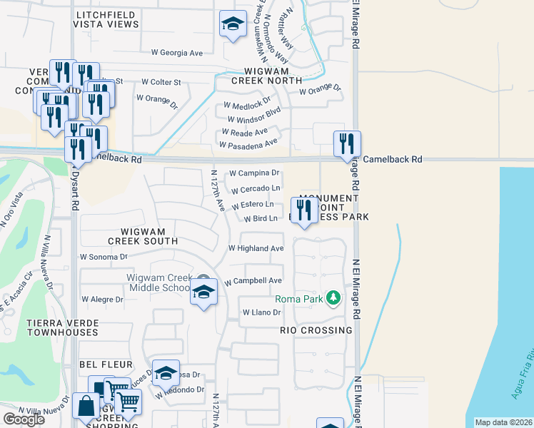 map of restaurants, bars, coffee shops, grocery stores, and more near 12526 West Bird Lane in Litchfield Park