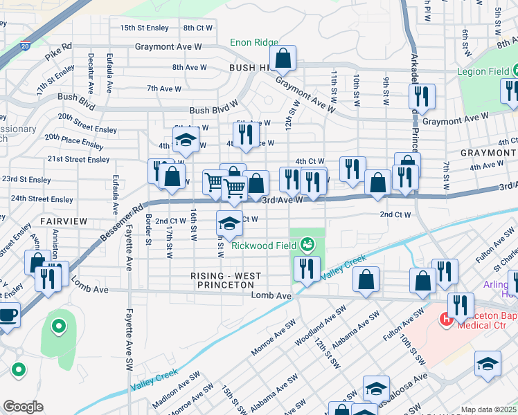 map of restaurants, bars, coffee shops, grocery stores, and more near 1312 3rd Avenue West in Birmingham