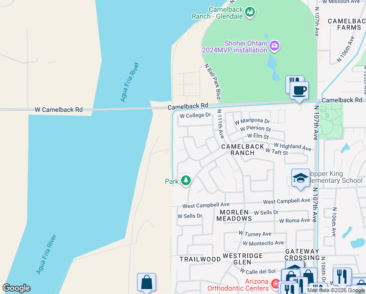 map of restaurants, bars, coffee shops, grocery stores, and more near 11316 West Elm Street in Phoenix