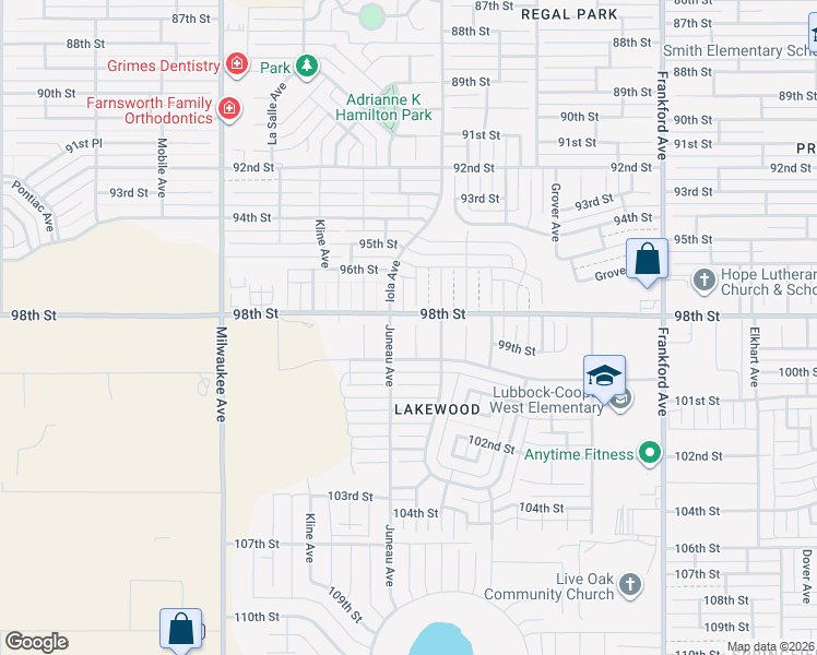 map of restaurants, bars, coffee shops, grocery stores, and more near 98th Street in Lubbock