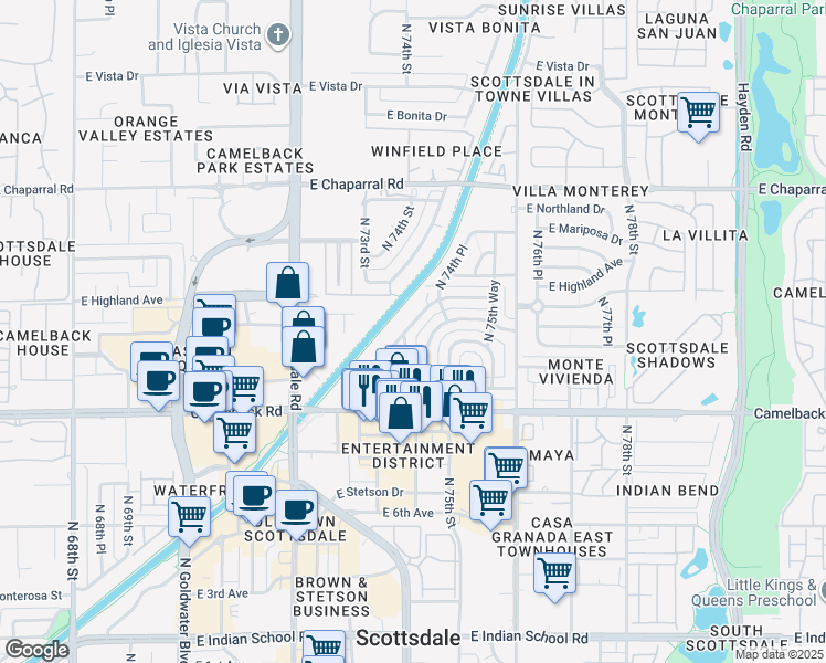 map of restaurants, bars, coffee shops, grocery stores, and more near 4714 North 73rd Street in Scottsdale