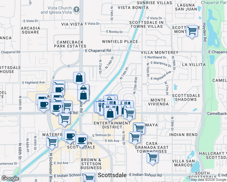 map of restaurants, bars, coffee shops, grocery stores, and more near 4714 North 73rd Street in Scottsdale