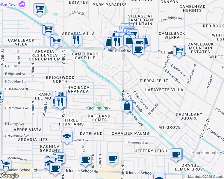 map of restaurants, bars, coffee shops, grocery stores, and more near 4309 East Calle Redonda in Phoenix