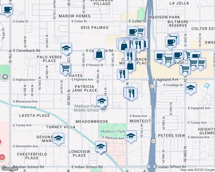 map of restaurants, bars, coffee shops, grocery stores, and more near 1459 East Highland Avenue in Phoenix