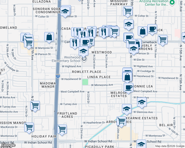 map of restaurants, bars, coffee shops, grocery stores, and more near 2201 West Coolidge Street in Phoenix