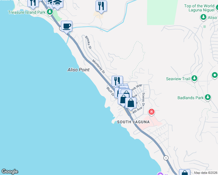 map of restaurants, bars, coffee shops, grocery stores, and more near in Laguna Beach