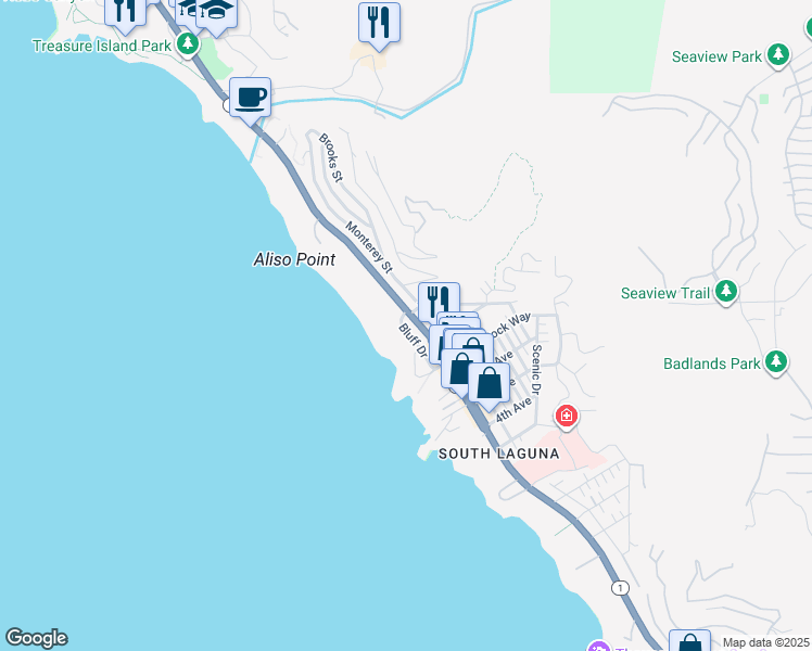 map of restaurants, bars, coffee shops, grocery stores, and more near in Laguna Beach