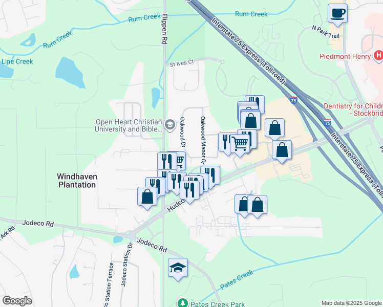 map of restaurants, bars, coffee shops, grocery stores, and more near 2031 Oakwood Drive in Stockbridge