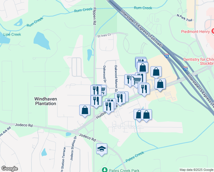 map of restaurants, bars, coffee shops, grocery stores, and more near 2031 Oakwood Drive in Stockbridge