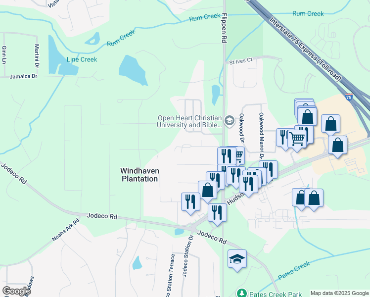 map of restaurants, bars, coffee shops, grocery stores, and more near 73 April Avenue in Stockbridge