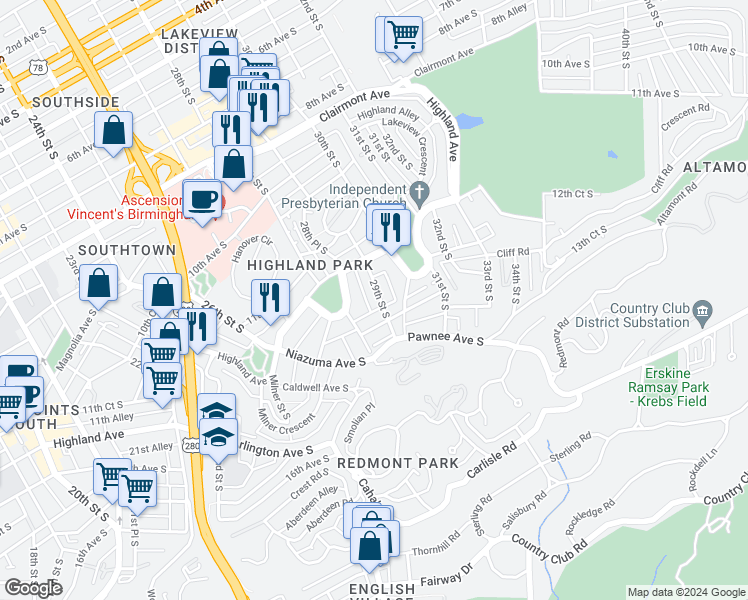 map of restaurants, bars, coffee shops, grocery stores, and more near 1223 29th Street South in Birmingham