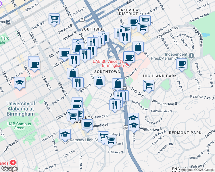 map of restaurants, bars, coffee shops, grocery stores, and more near 2401 9th Court South in Birmingham