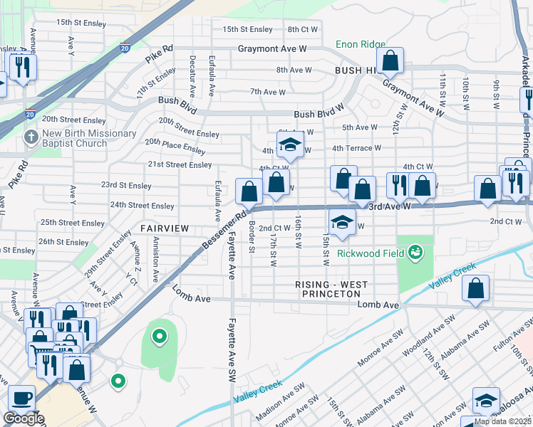 map of restaurants, bars, coffee shops, grocery stores, and more near 1700 3rd Avenue West in Birmingham