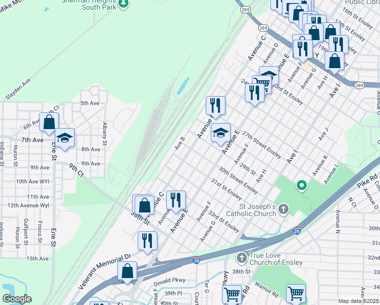 map of restaurants, bars, coffee shops, grocery stores, and more near 201 30th Street Ensley in Bessemer