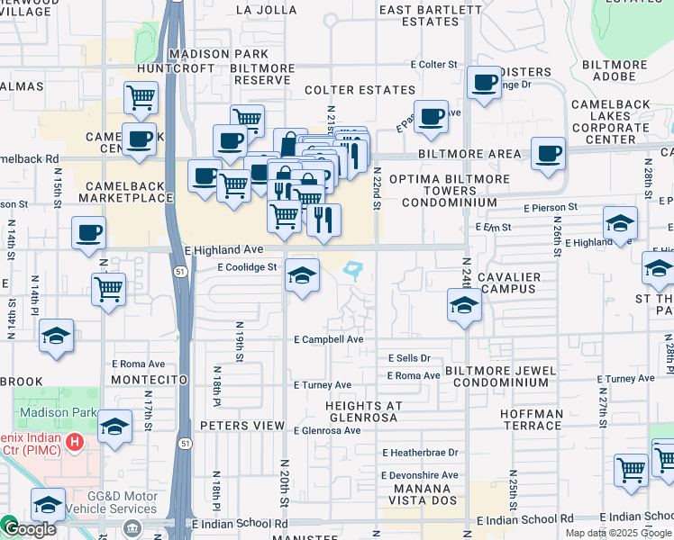 map of restaurants, bars, coffee shops, grocery stores, and more near 2111e East Highland Avenue in Phoenix