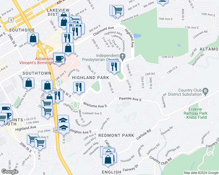 map of restaurants, bars, coffee shops, grocery stores, and more near 1223 29th Street South in Birmingham
