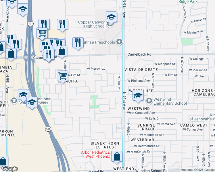 map of restaurants, bars, coffee shops, grocery stores, and more near 4531 North 92nd Avenue in Phoenix