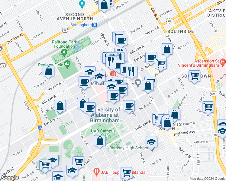 map of restaurants, bars, coffee shops, grocery stores, and more near 1713 6th Avenue South in Birmingham