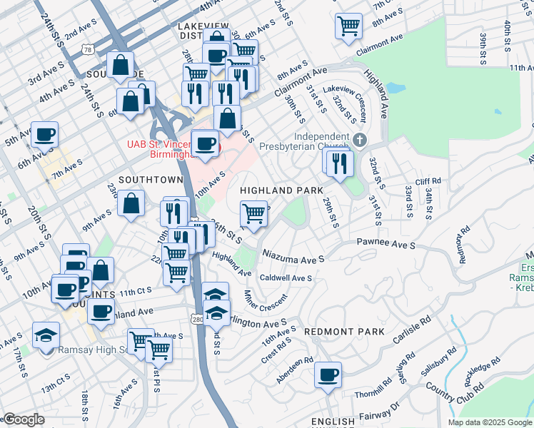 map of restaurants, bars, coffee shops, grocery stores, and more near 2705 11th Avenue South in Birmingham