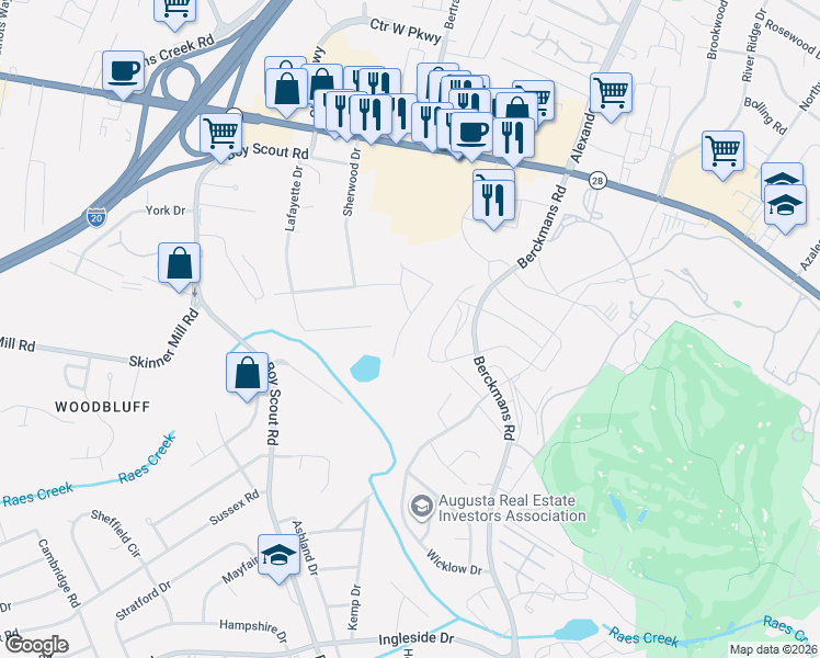 map of restaurants, bars, coffee shops, grocery stores, and more near 2965 Pointewest Drive in Augusta