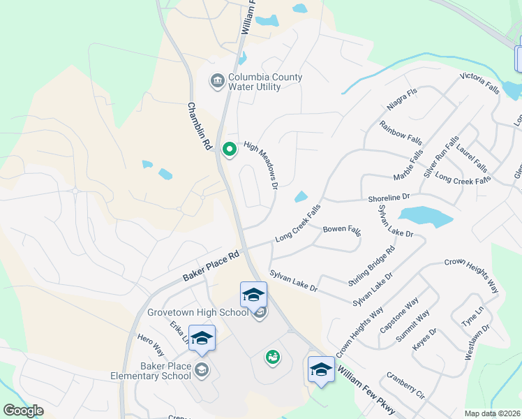 map of restaurants, bars, coffee shops, grocery stores, and more near 204 High Meadows Circle in Grovetown