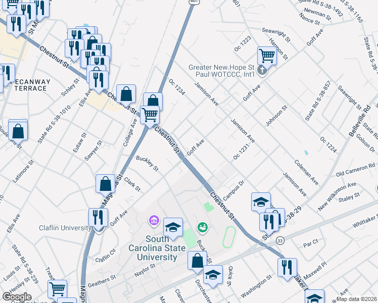 map of restaurants, bars, coffee shops, grocery stores, and more near 500 Frederick Street in Orangeburg