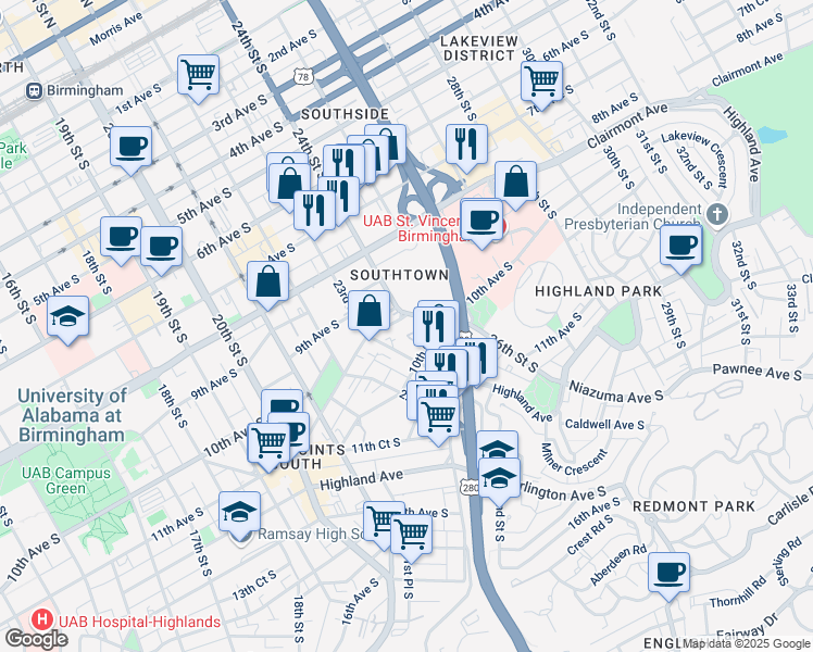 map of restaurants, bars, coffee shops, grocery stores, and more near 2401 9th Court South in Birmingham