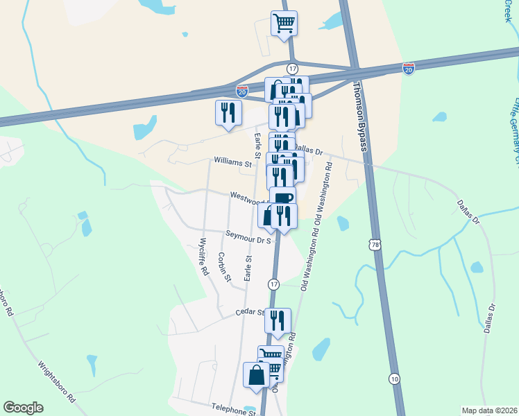 map of restaurants, bars, coffee shops, grocery stores, and more near 138 Westwood Drive in Thomson