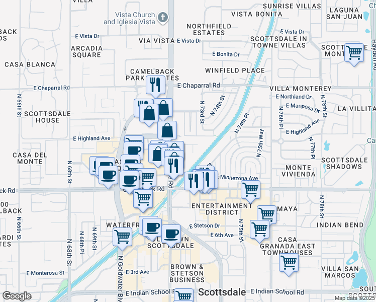 map of restaurants, bars, coffee shops, grocery stores, and more near 4747 North Scottsdale Road in Scottsdale