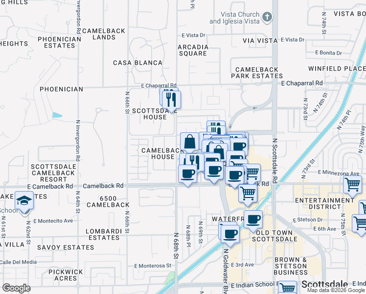 map of restaurants, bars, coffee shops, grocery stores, and more near in Scottsdale