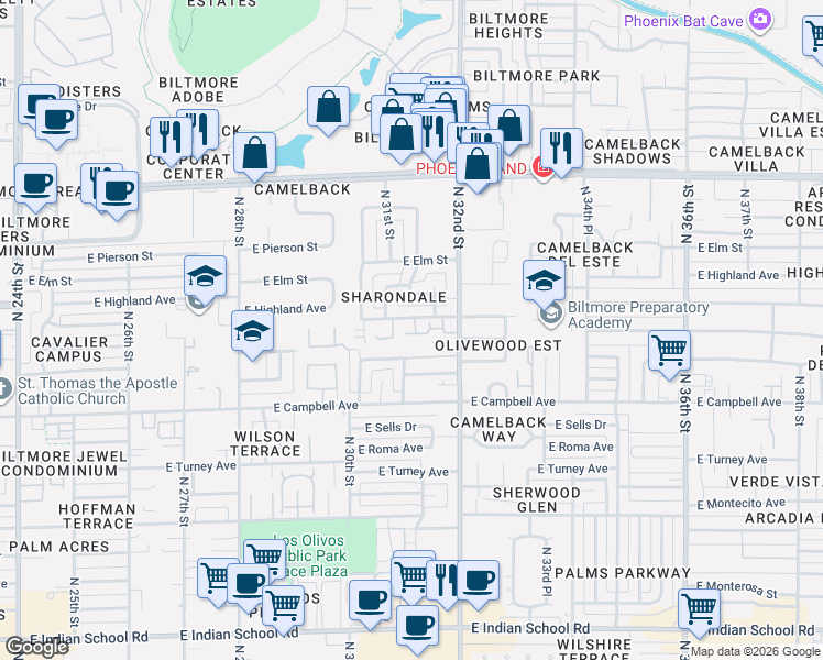 map of restaurants, bars, coffee shops, grocery stores, and more near 4623 North 31st Street in Phoenix