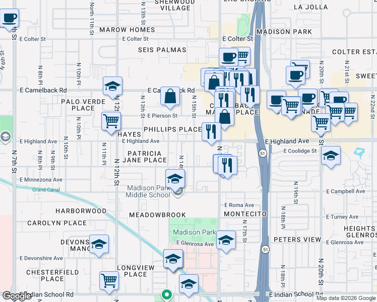 map of restaurants, bars, coffee shops, grocery stores, and more near 1459 East Highland Avenue in Phoenix