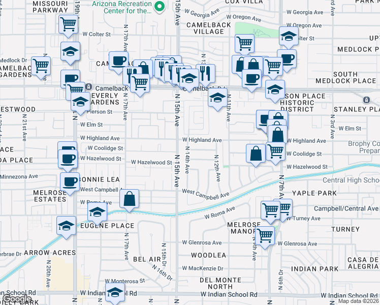 map of restaurants, bars, coffee shops, grocery stores, and more near 4640 North 14th Avenue in Phoenix