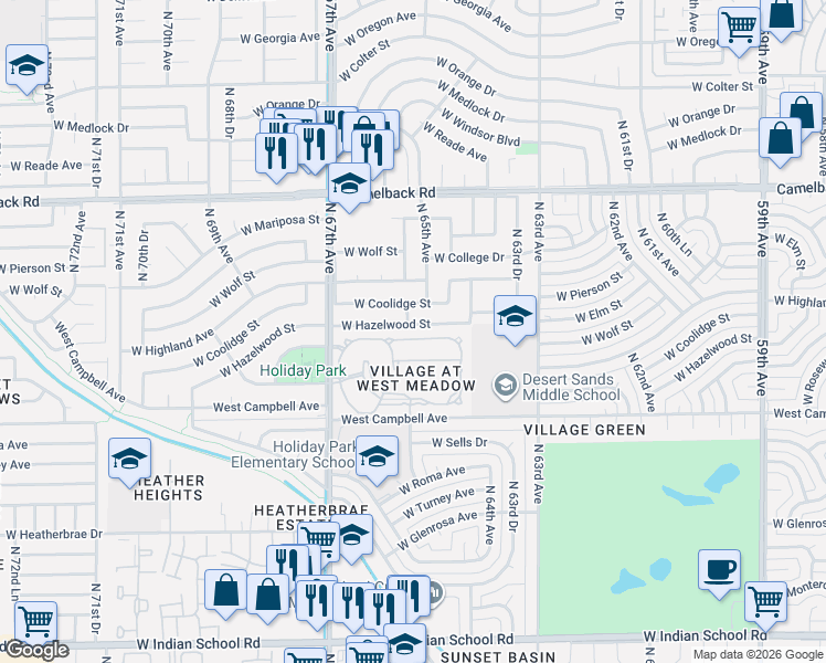 map of restaurants, bars, coffee shops, grocery stores, and more near 6515 West Coolidge Street in Phoenix