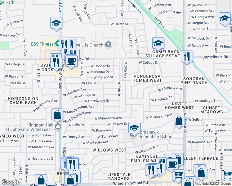 map of restaurants, bars, coffee shops, grocery stores, and more near 7930 West Highland Avenue in Phoenix