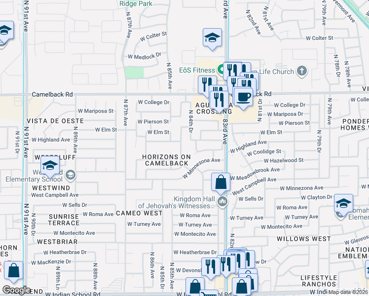map of restaurants, bars, coffee shops, grocery stores, and more near 8468-8498 West Highland Avenue in Phoenix
