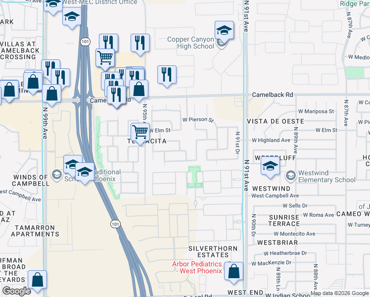 map of restaurants, bars, coffee shops, grocery stores, and more near 9259 West Pierson Street in Phoenix