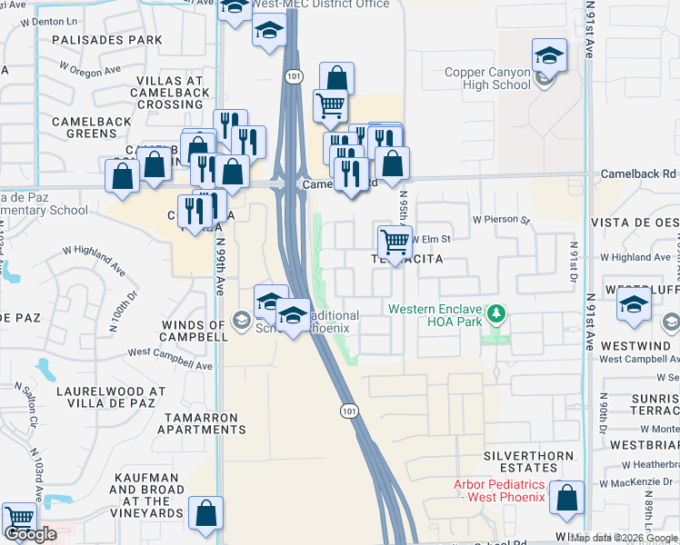 map of restaurants, bars, coffee shops, grocery stores, and more near 9625 West Elm Street in Phoenix