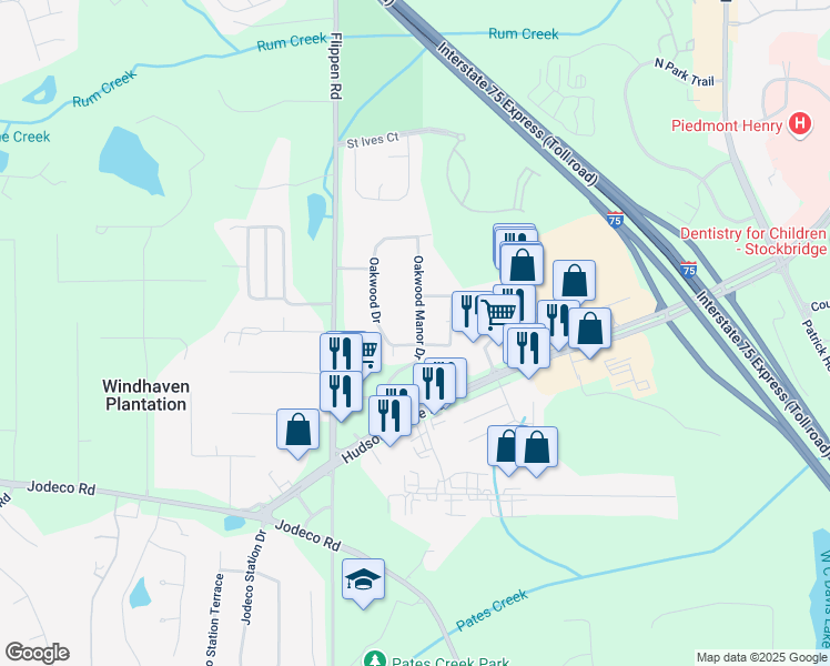 map of restaurants, bars, coffee shops, grocery stores, and more near 496 Oakwood Manor Drive in Stockbridge
